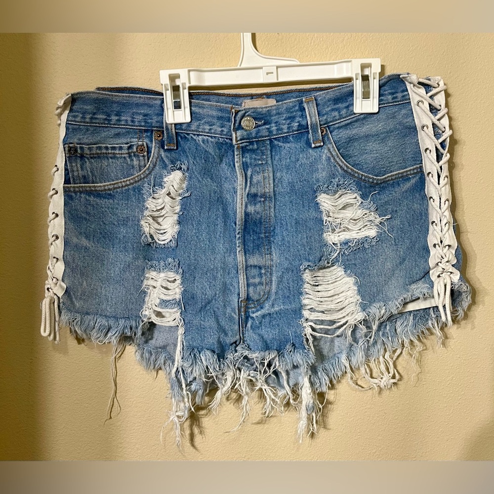 Furst Of A Kind Distressed Lace Up Denim Shorts